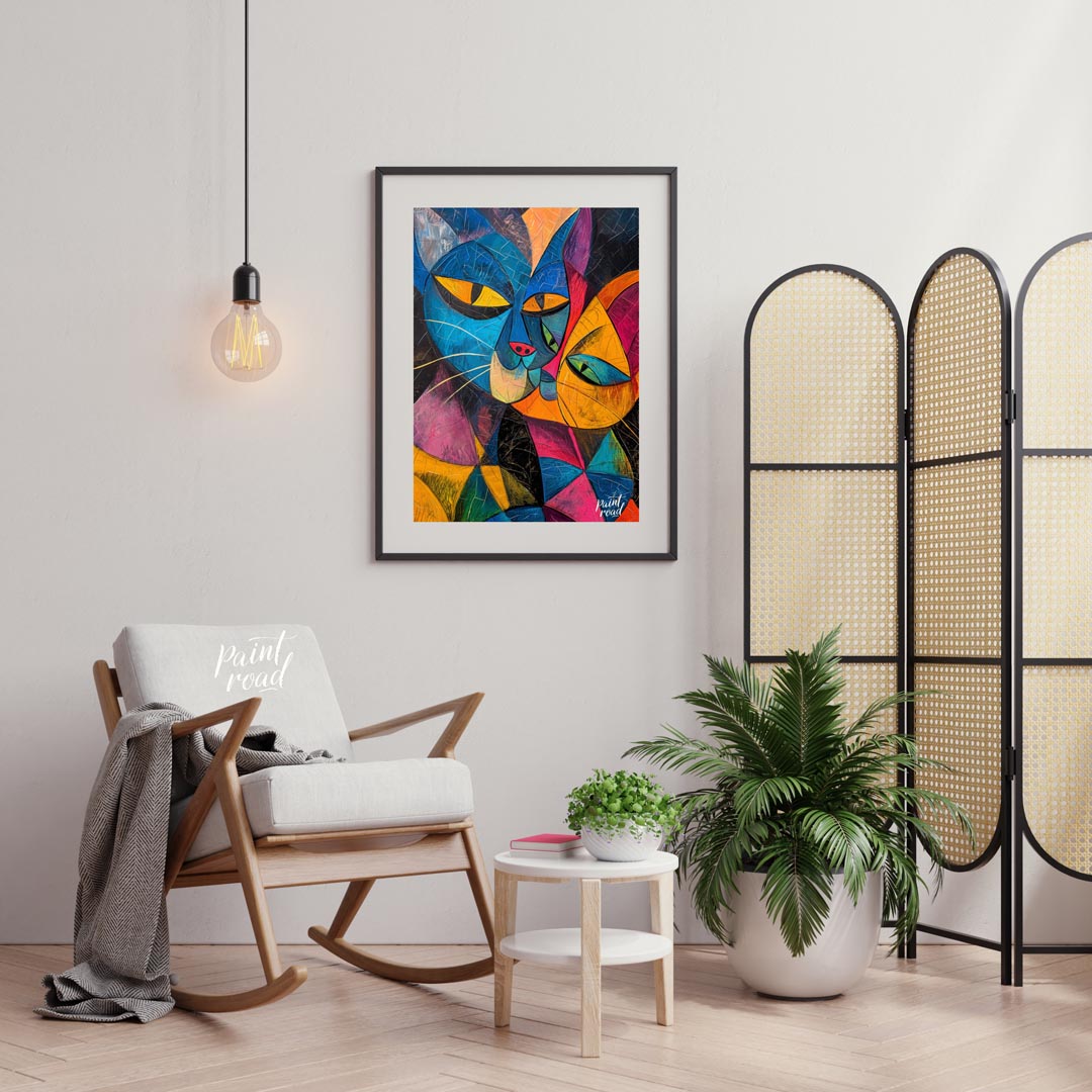 This striking and bold abstract painting features two stylized cats in a cubist-inspired manner, wi… for living room