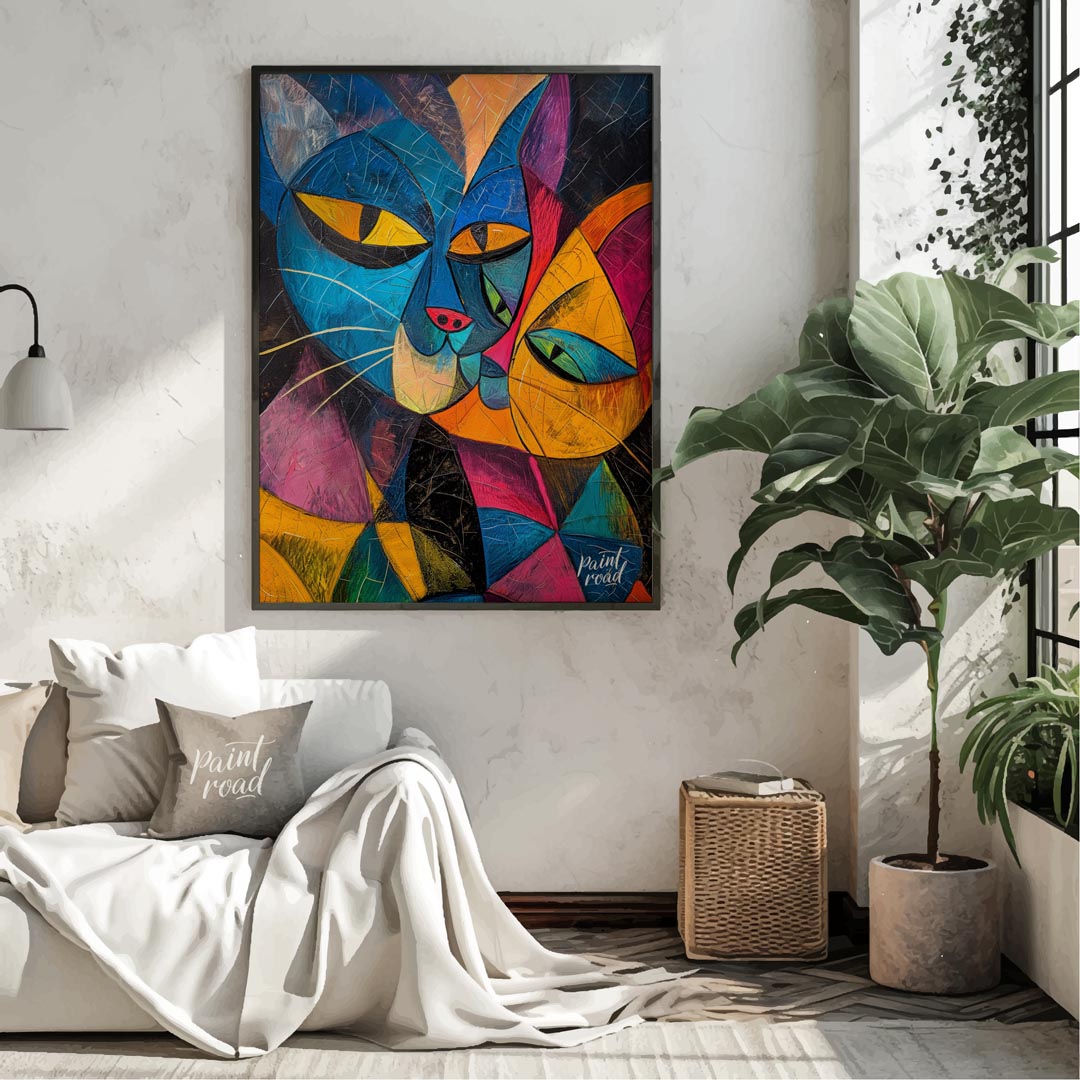 This striking and bold abstract painting features two stylized cats in a cubist-inspired manner, wi… for living room