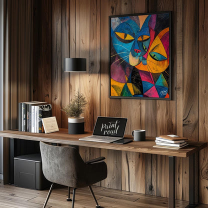 This striking and bold abstract painting features two stylized cats in a cubist-inspired manner, wi… for office