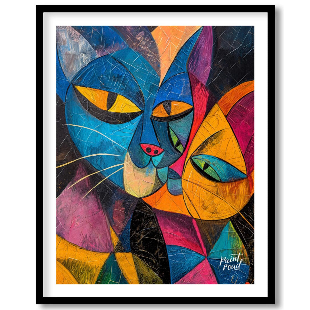 This striking and bold abstract painting features two stylized cats in a cubist-inspired manner, wi… for sweet home