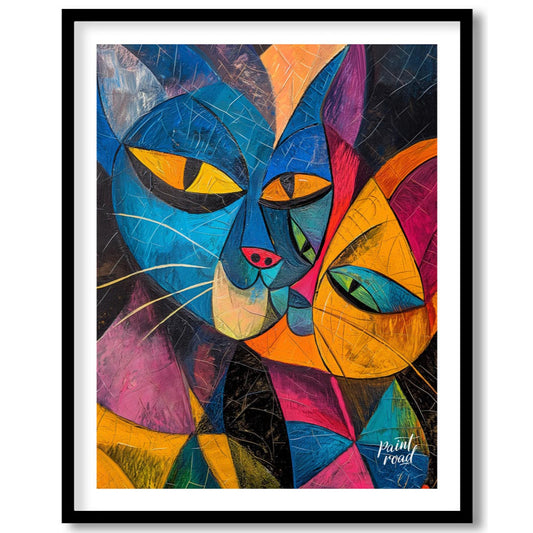This striking and bold abstract painting features two stylized cats in a cubist-inspired manner, wi… for sweet home