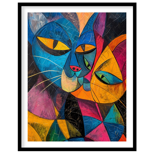 This striking and bold abstract painting features two stylized cats in a cubist-inspired manner, wi… for sweet home