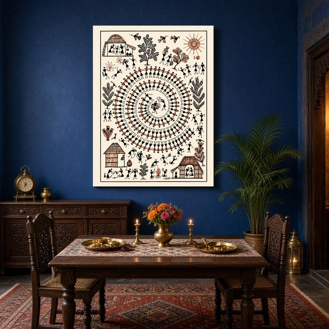 Immerse in the vibrant rhythms of village life depicted through this captivating Warli art. The for Dining