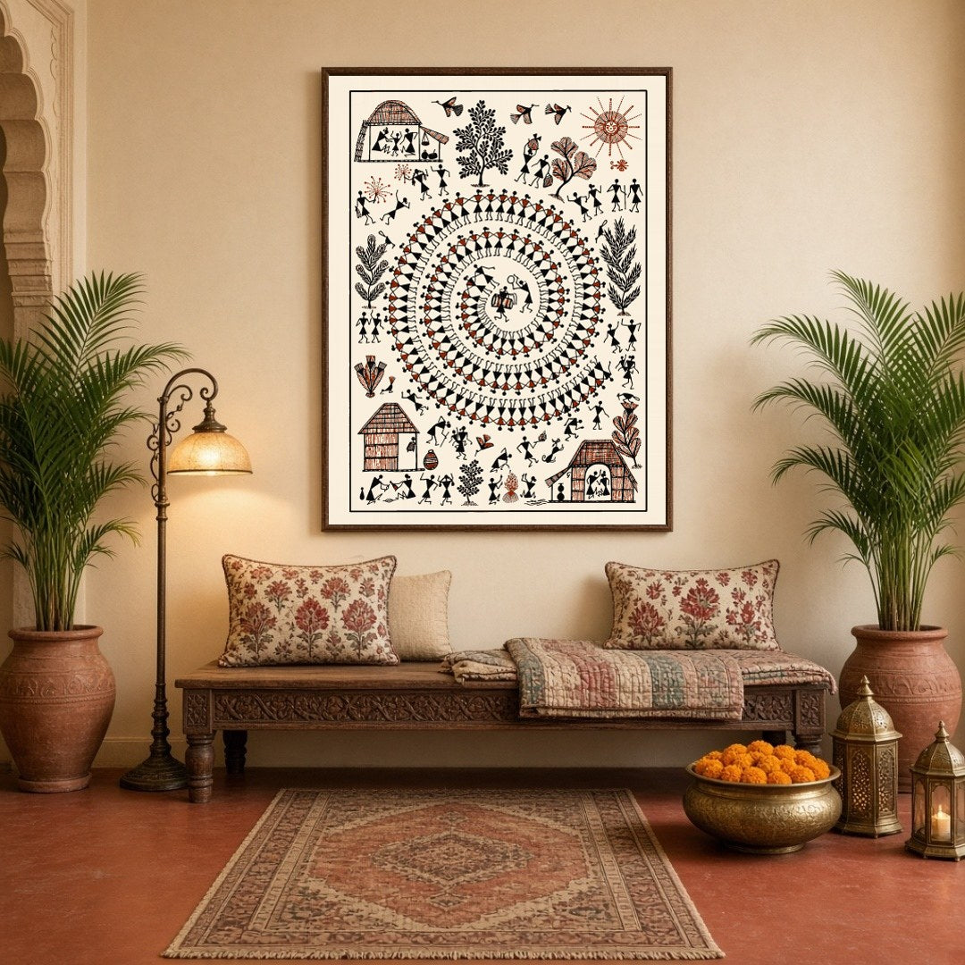 Immerse in the vibrant rhythms of village life depicted through this captivating Warli art. The for Hallway