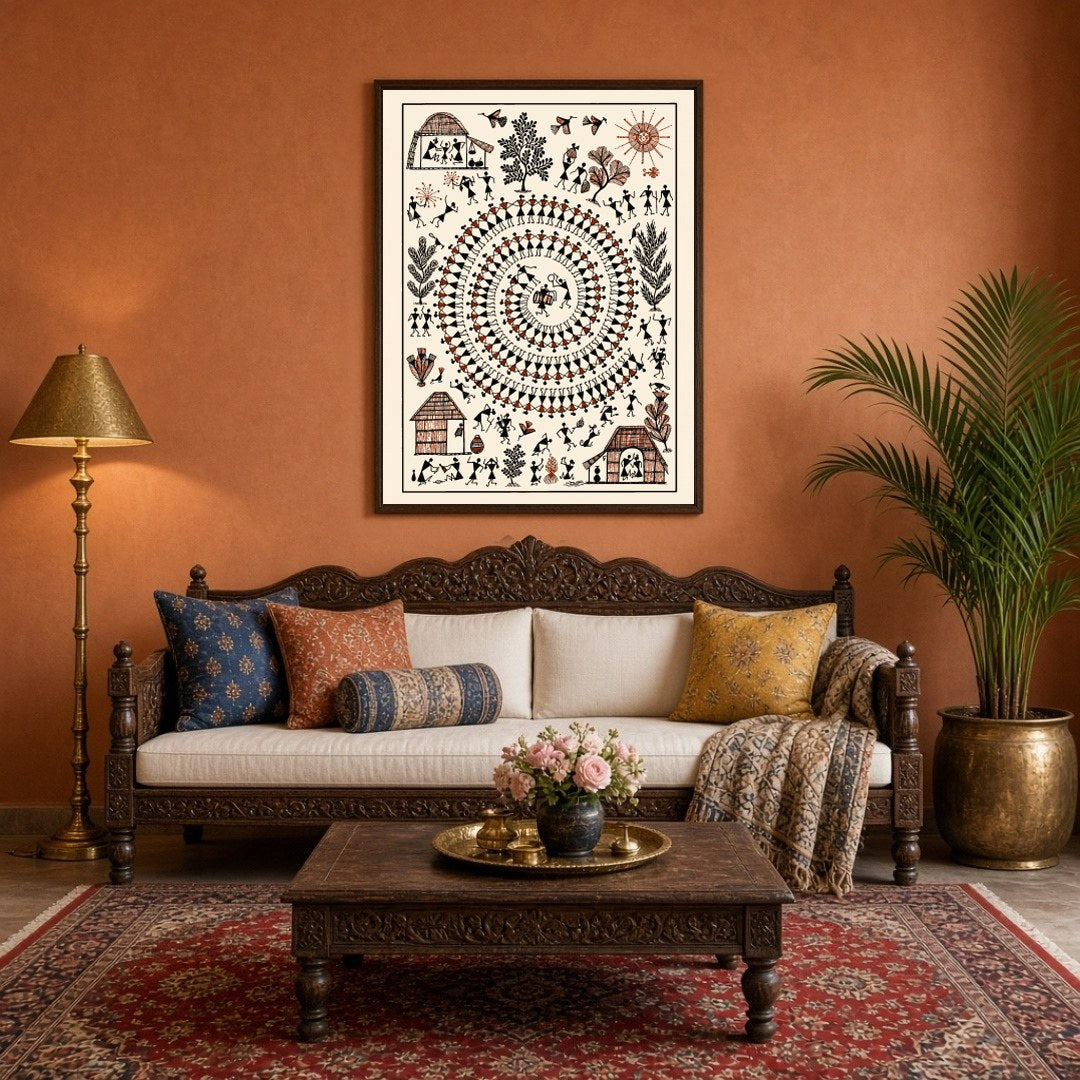 Immerse in the vibrant rhythms of village life depicted through this captivating Warli art. The for Living Room
