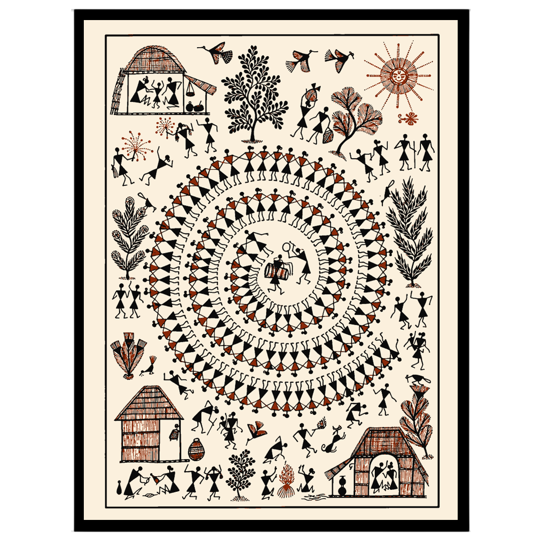 Immerse in the vibrant rhythms of village life depicted through this captivating Warli art. The for lovely-house
