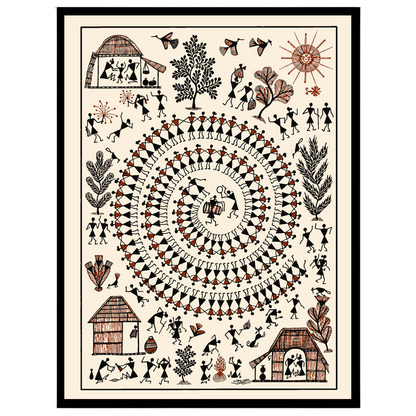 Immerse in the vibrant rhythms of village life depicted through this captivating Warli art. The for lovely-house