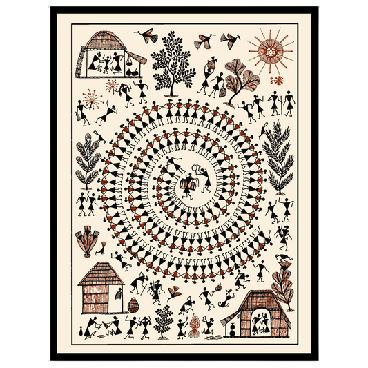 Immerse in the vibrant rhythms of village life depicted through this captivating Warli art. The for lovely-house