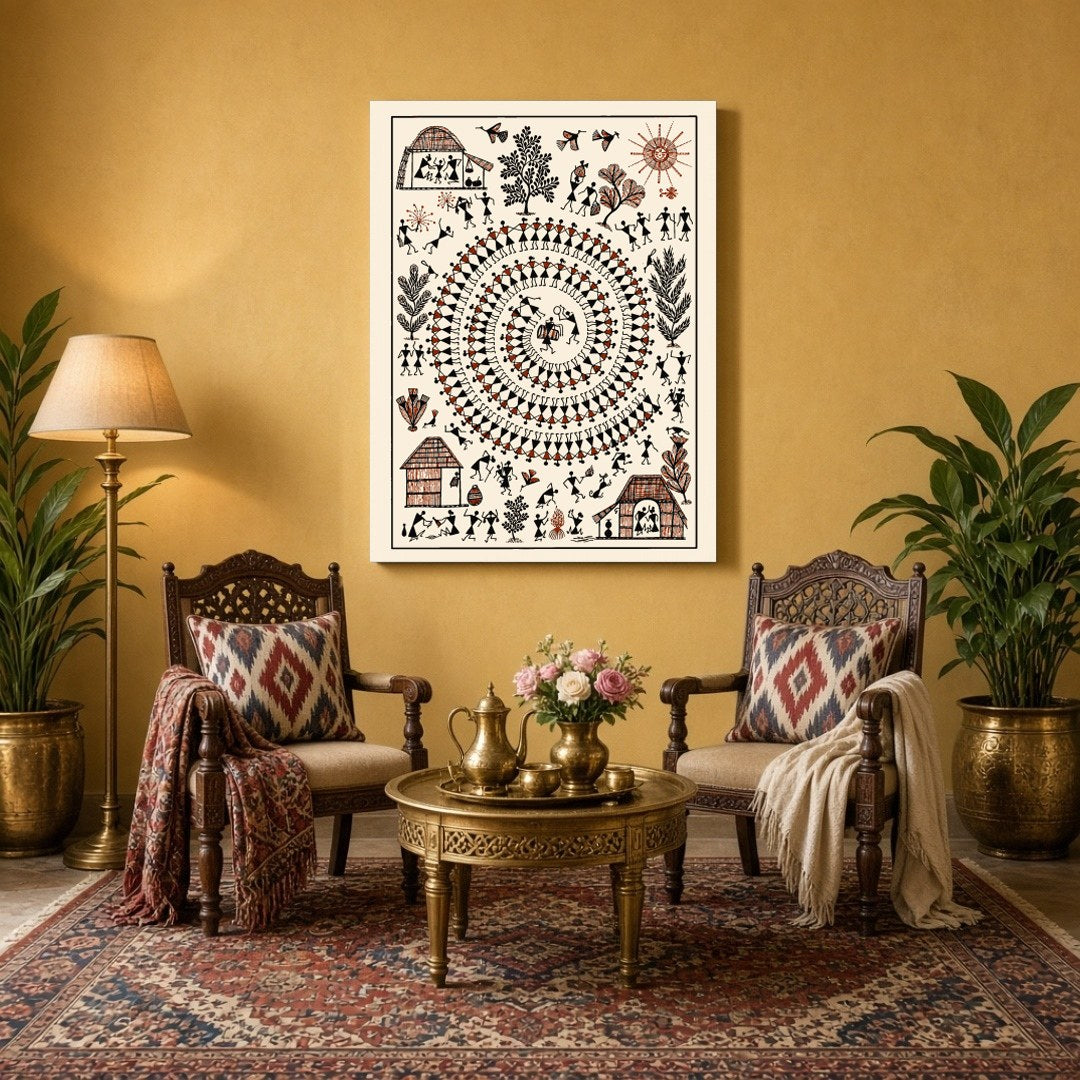Immerse in the vibrant rhythms of village life depicted through this captivating Warli art. The for Sitting Area