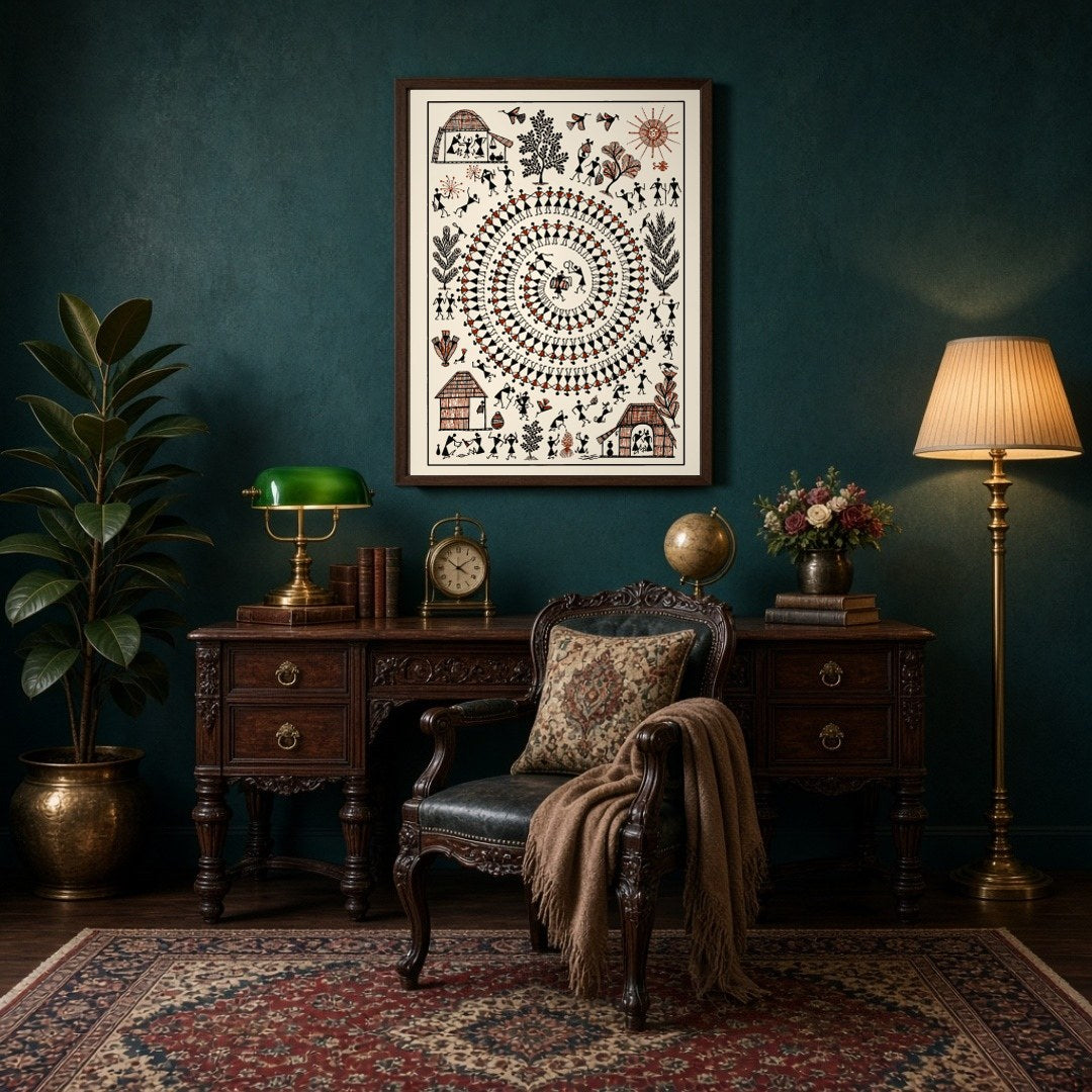 Immerse in the vibrant rhythms of village life depicted through this captivating Warli art. The for Study
