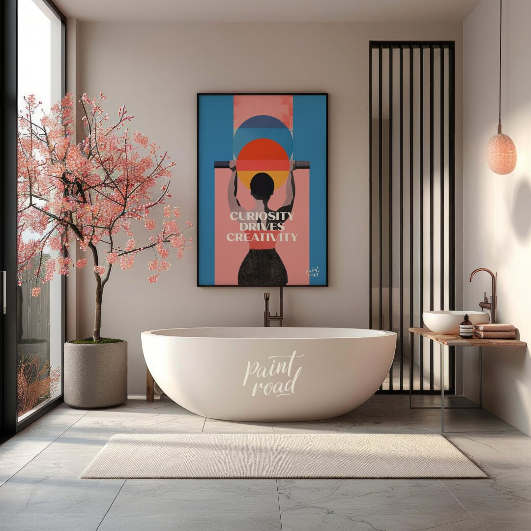 This modern graphic art poster features a striking and inspiring message: “CURIOSITY DRIVES CREATIV… for bathroom