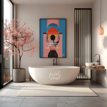 This modern graphic art poster features a striking and inspiring message: “CURIOSITY DRIVES CREATIV… for bathroom