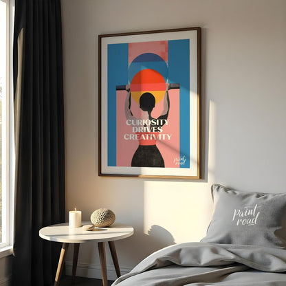 This modern graphic art poster features a striking and inspiring message: “CURIOSITY DRIVES CREATIV… for bedroom