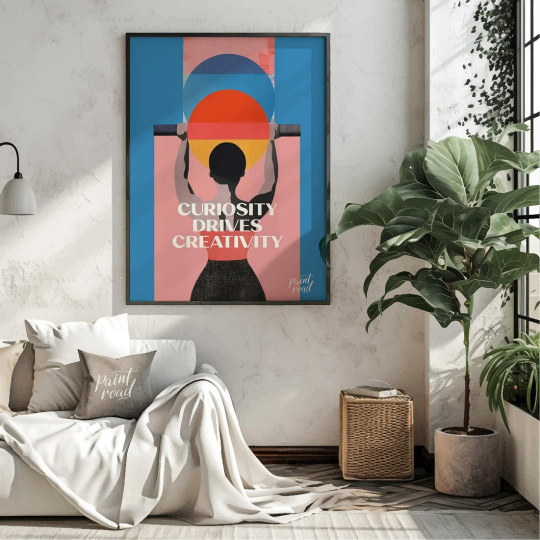 This modern graphic art poster features a striking and inspiring message: “CURIOSITY DRIVES CREATIV… for living room