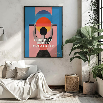 This modern graphic art poster features a striking and inspiring message: “CURIOSITY DRIVES CREATIV… for living room