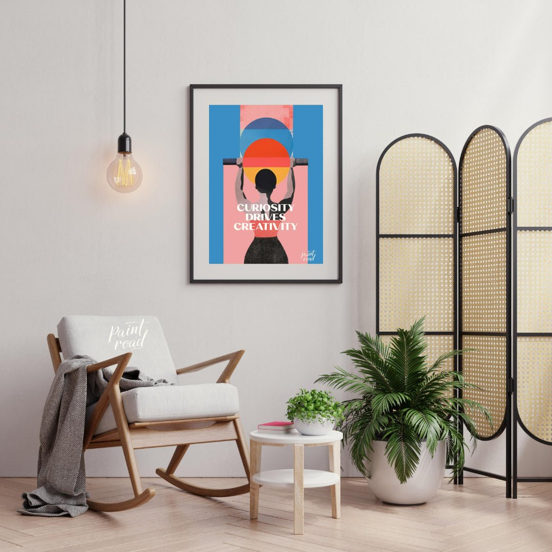 This modern graphic art poster features a striking and inspiring message: “CURIOSITY DRIVES CREATIV… for living room