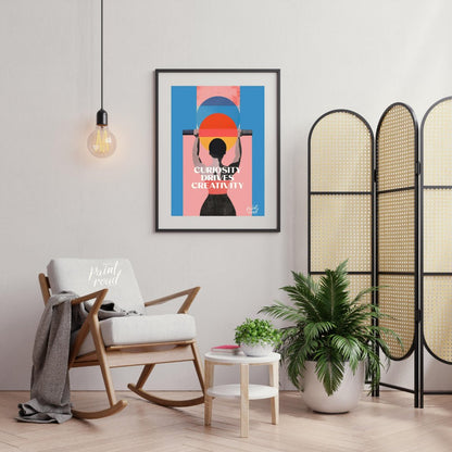 This modern graphic art poster features a striking and inspiring message: “CURIOSITY DRIVES CREATIV… for living room