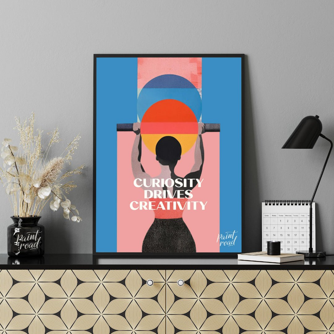 This modern graphic art poster features a striking and inspiring message: “CURIOSITY DRIVES CREATIV… for office