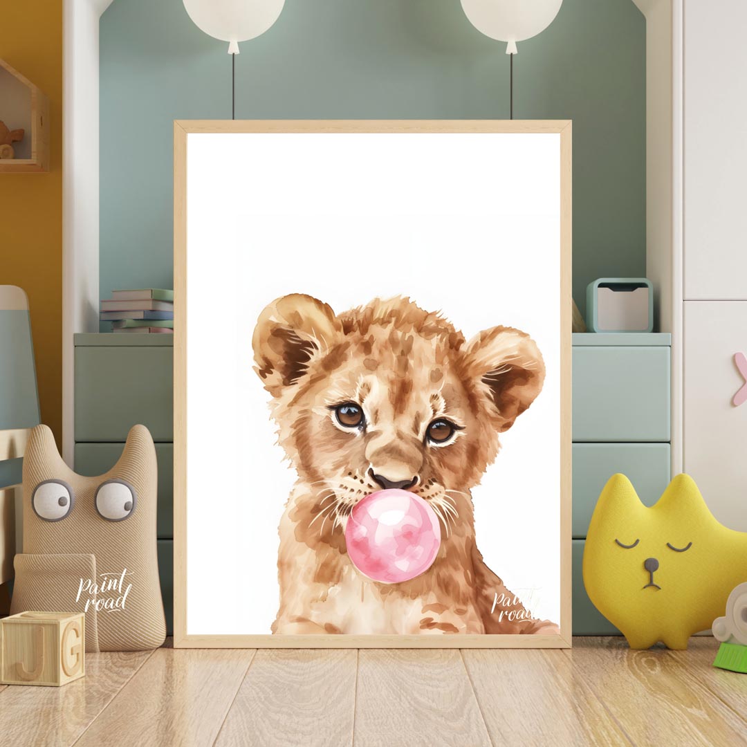 This charming watercolor illustration features a curious lion cub caught in a delightful moment, bl… for nursery