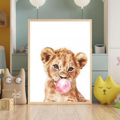 This charming watercolor illustration features a curious lion cub caught in a delightful moment, bl… for nursery