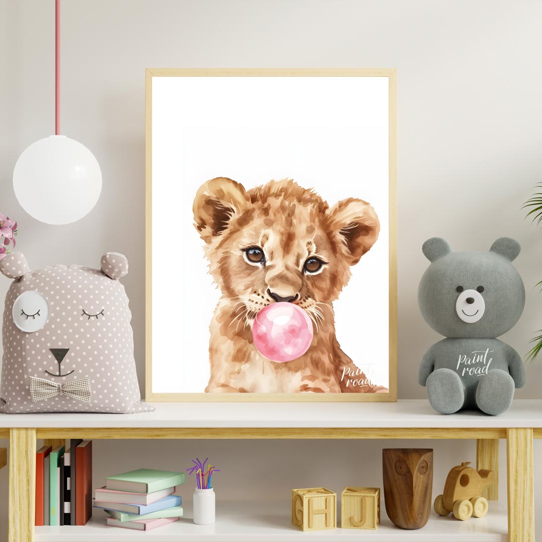 This charming watercolor illustration features a curious lion cub caught in a delightful moment, bl… for nursery