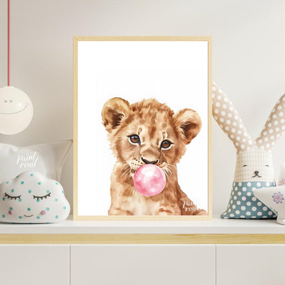 This charming watercolor illustration features a curious lion cub caught in a delightful moment, bl… for nursery