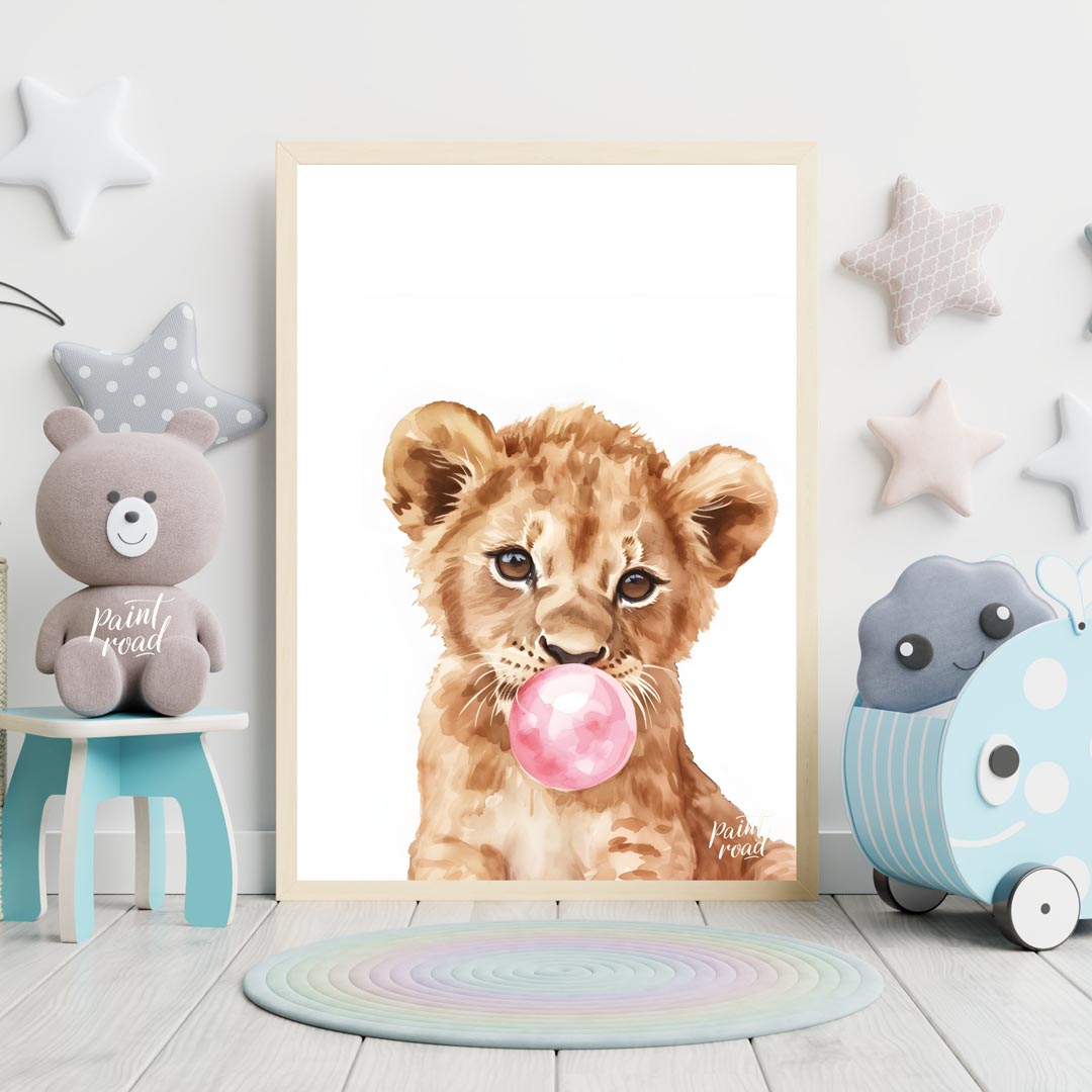 This charming watercolor illustration features a curious lion cub caught in a delightful moment, bl… for nursery