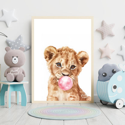 This charming watercolor illustration features a curious lion cub caught in a delightful moment, bl… for nursery