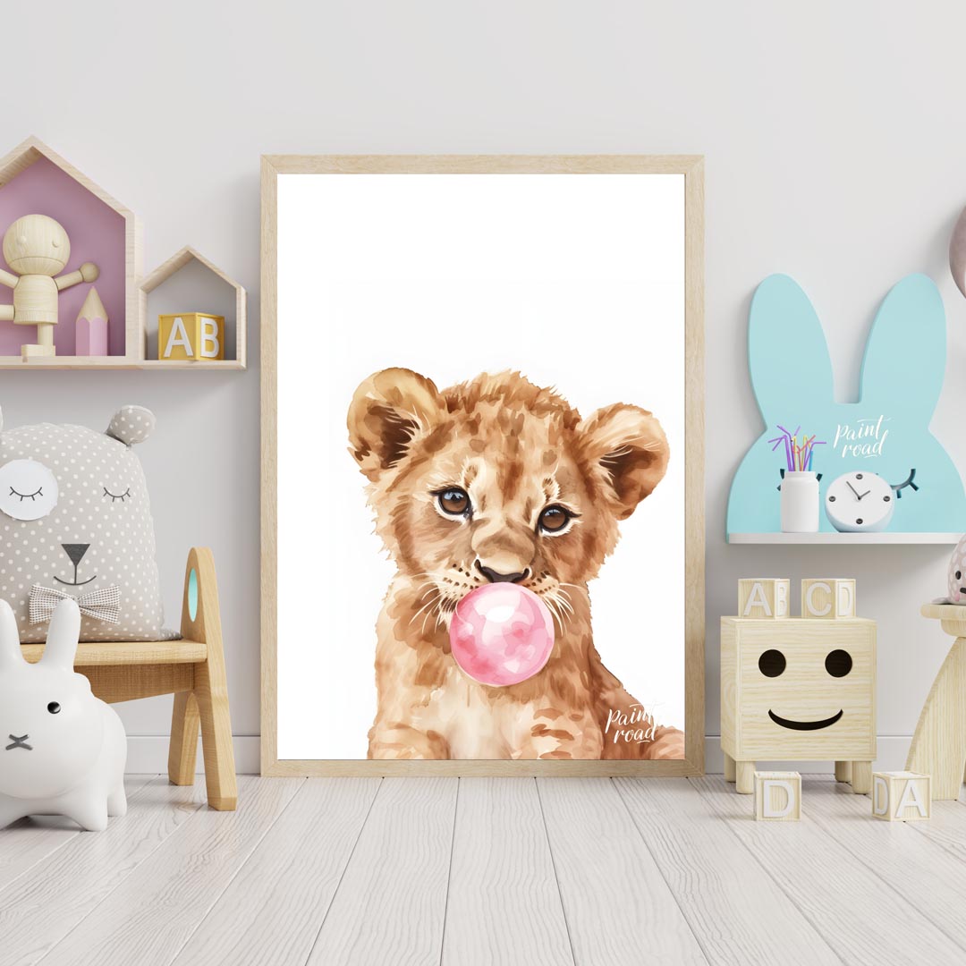 This charming watercolor illustration features a curious lion cub caught in a delightful moment, bl… for nursery