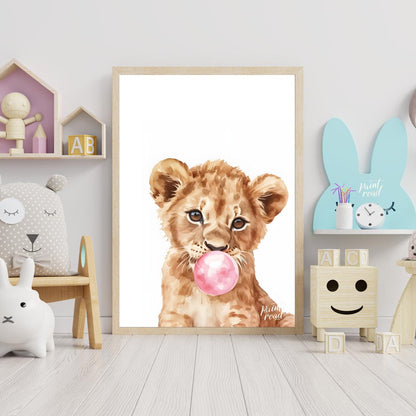 This charming watercolor illustration features a curious lion cub caught in a delightful moment, bl… for nursery