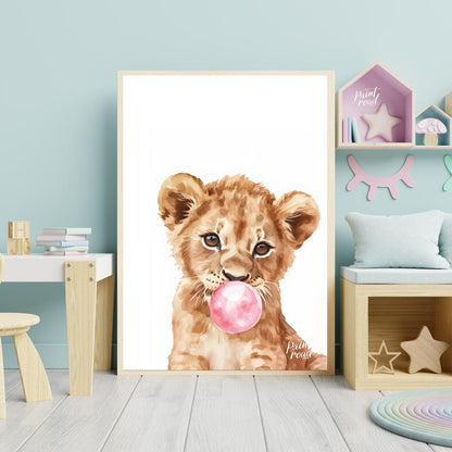 This charming watercolor illustration features a curious lion cub caught in a delightful moment, bl… for nursery