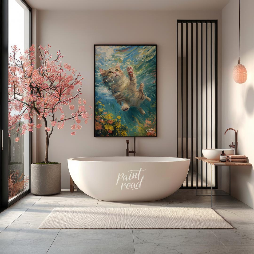 This captivating digital painting portrays a curious tabby and white cat gracefully suspended under… for bathroom
