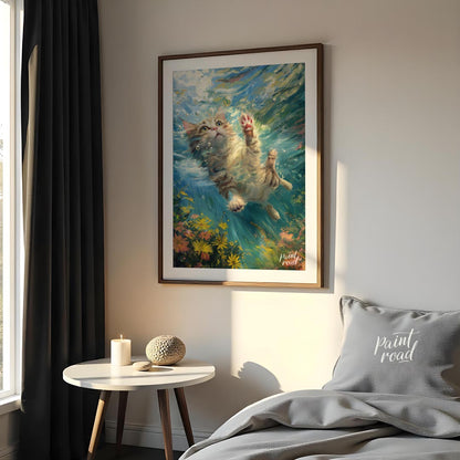 This captivating digital painting portrays a curious tabby and white cat gracefully suspended under… for bedroom