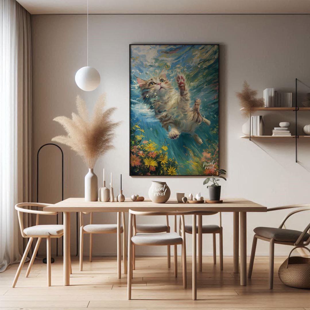This captivating digital painting portrays a curious tabby and white cat gracefully suspended under… for dining room