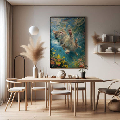 This captivating digital painting portrays a curious tabby and white cat gracefully suspended under… for dining room