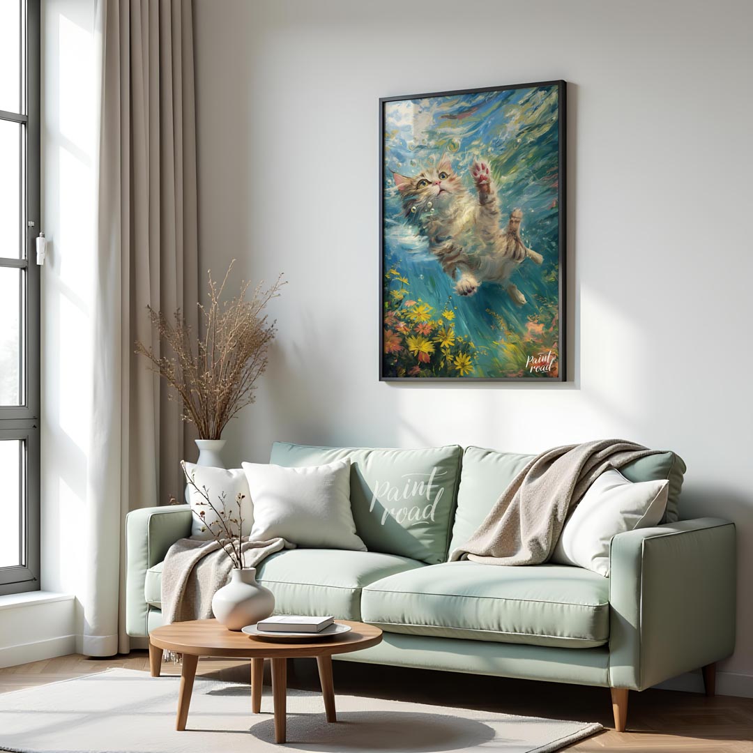This captivating digital painting portrays a curious tabby and white cat gracefully suspended under… for living room
