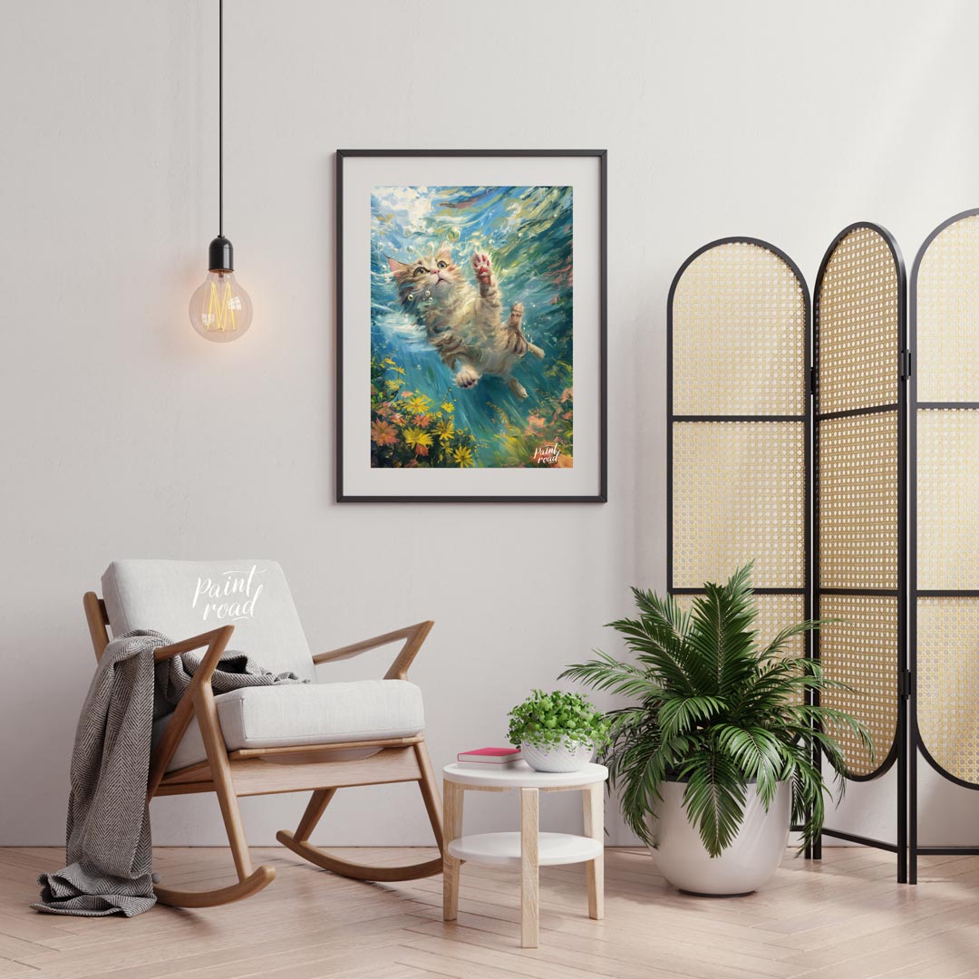 This captivating digital painting portrays a curious tabby and white cat gracefully suspended under… for living room