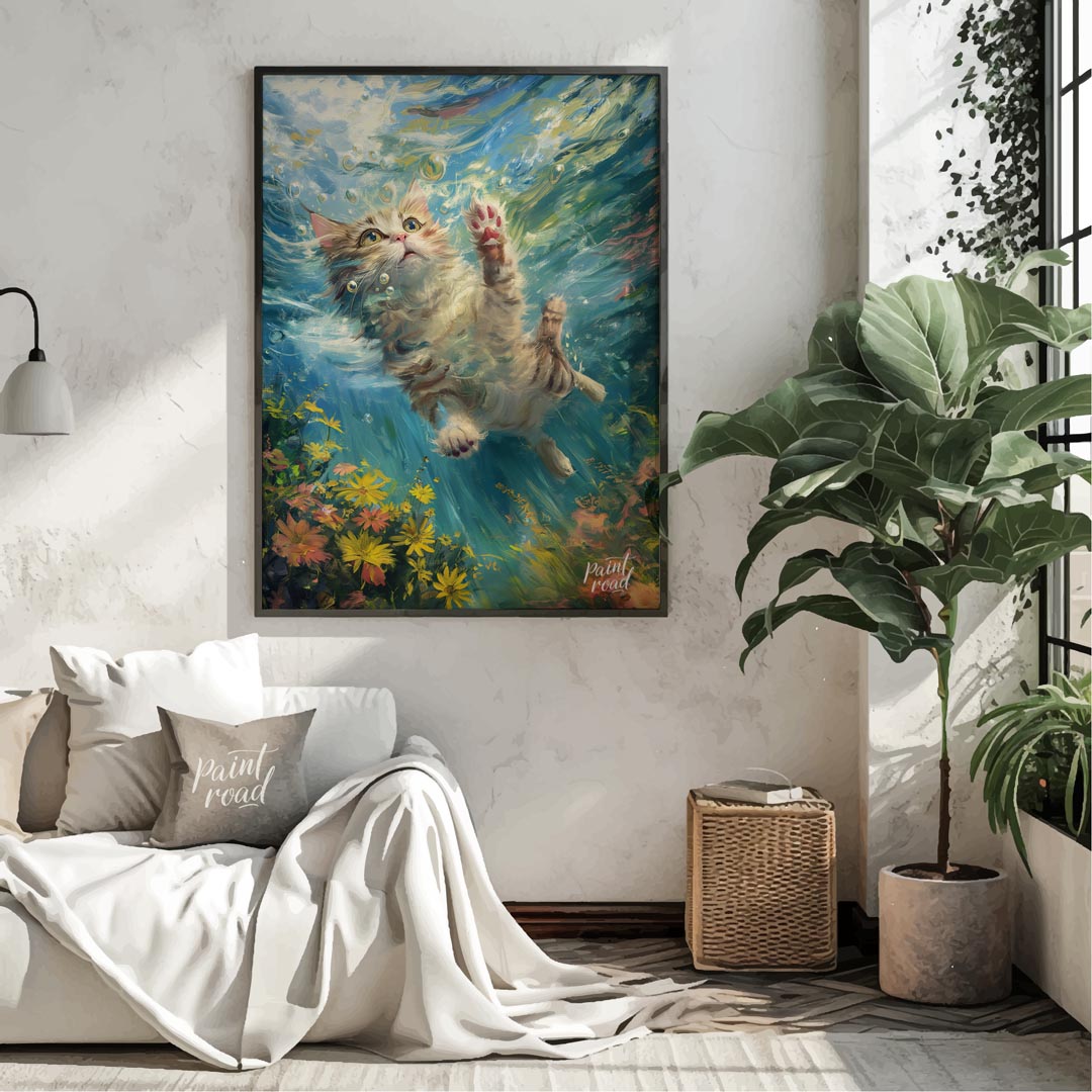 This captivating digital painting portrays a curious tabby and white cat gracefully suspended under… for living room