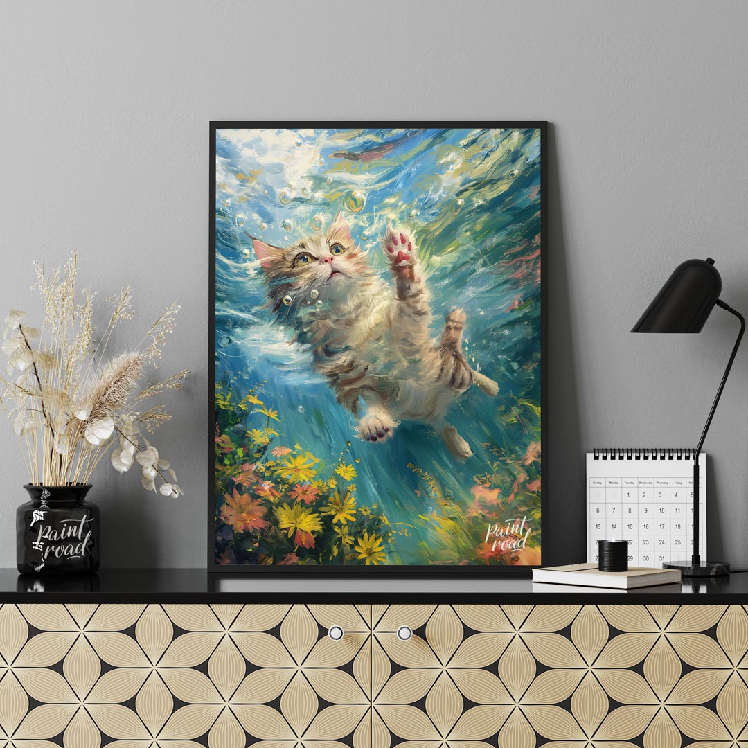 This captivating digital painting portrays a curious tabby and white cat gracefully suspended under… for office