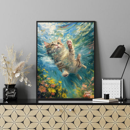 This captivating digital painting portrays a curious tabby and white cat gracefully suspended under… for office