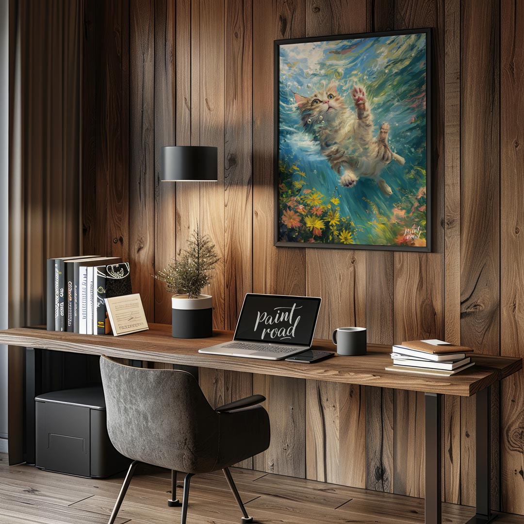 This captivating digital painting portrays a curious tabby and white cat gracefully suspended under… for office