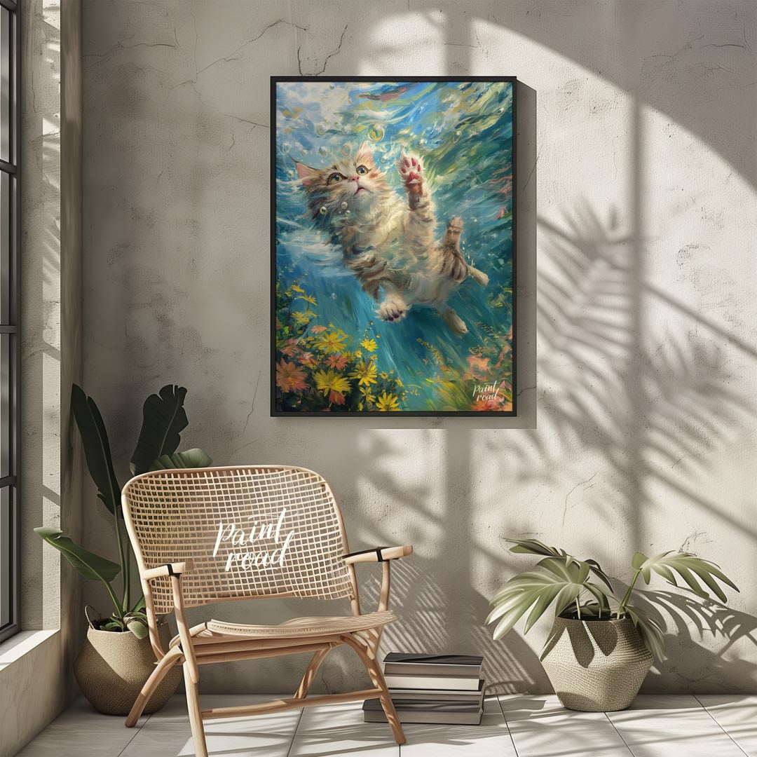 This captivating digital painting portrays a curious tabby and white cat gracefully suspended under… for other