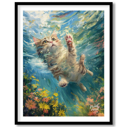 This captivating digital painting portrays a curious tabby and white cat gracefully suspended under… for sweet home