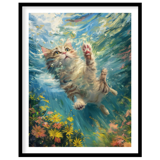 This captivating digital painting portrays a curious tabby and white cat gracefully suspended under… for sweet home
