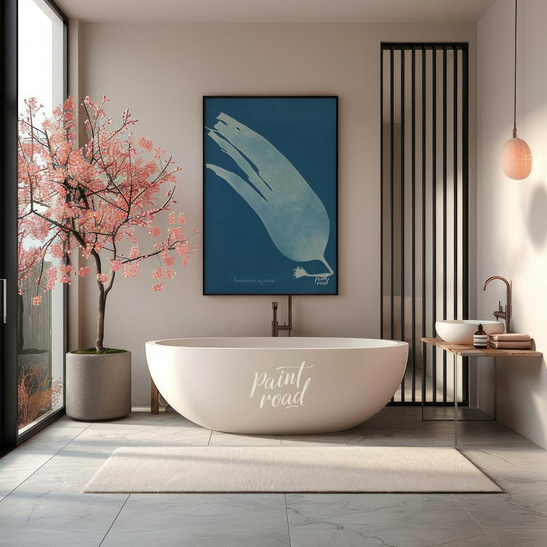 This mesmerizing art print showcases a classic cyanotype, presenting the ethereal silhouette of “La… for bathroom