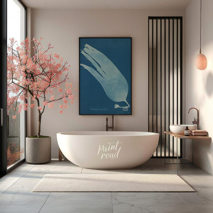 This mesmerizing art print showcases a classic cyanotype, presenting the ethereal silhouette of “La… for bathroom