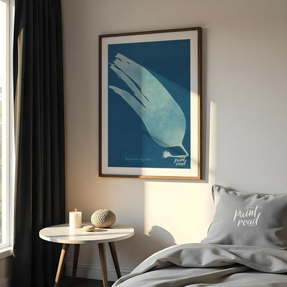 This mesmerizing art print showcases a classic cyanotype, presenting the ethereal silhouette of “La… for bedroom