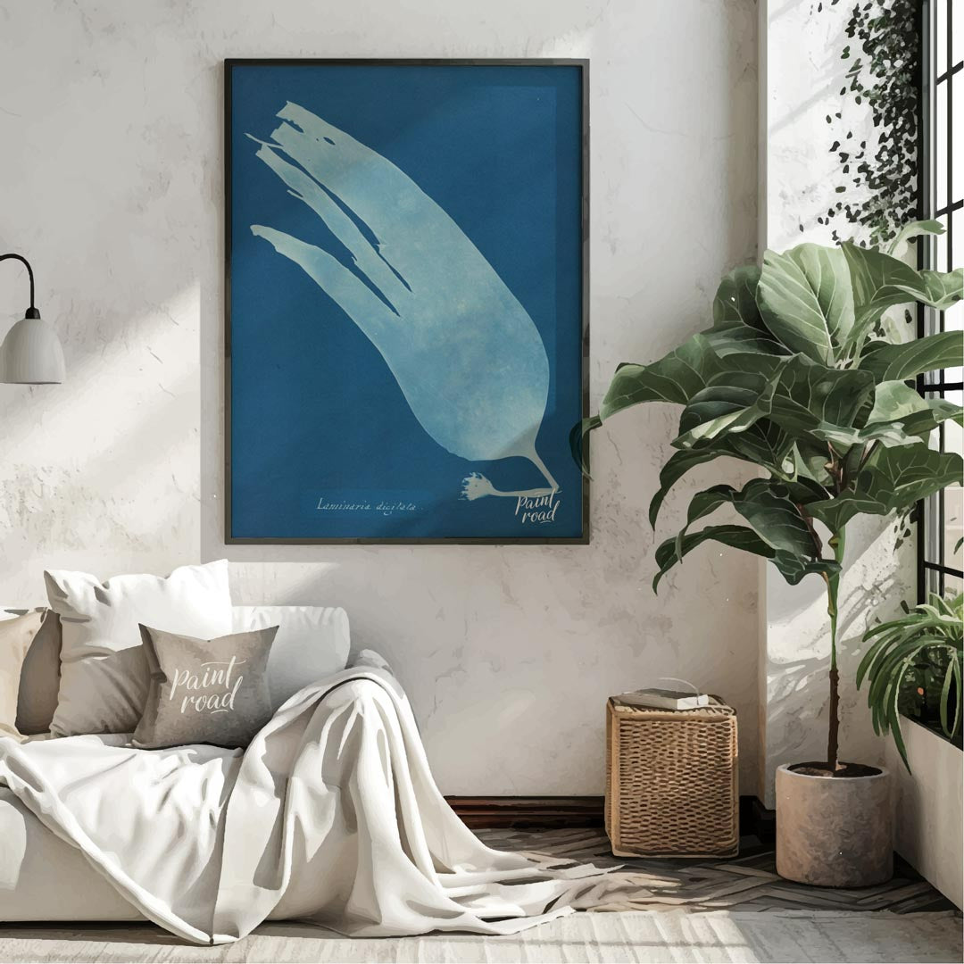 This mesmerizing art print showcases a classic cyanotype, presenting the ethereal silhouette of “La… for living room