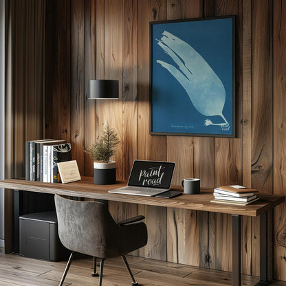 This mesmerizing art print showcases a classic cyanotype, presenting the ethereal silhouette of “La… for office