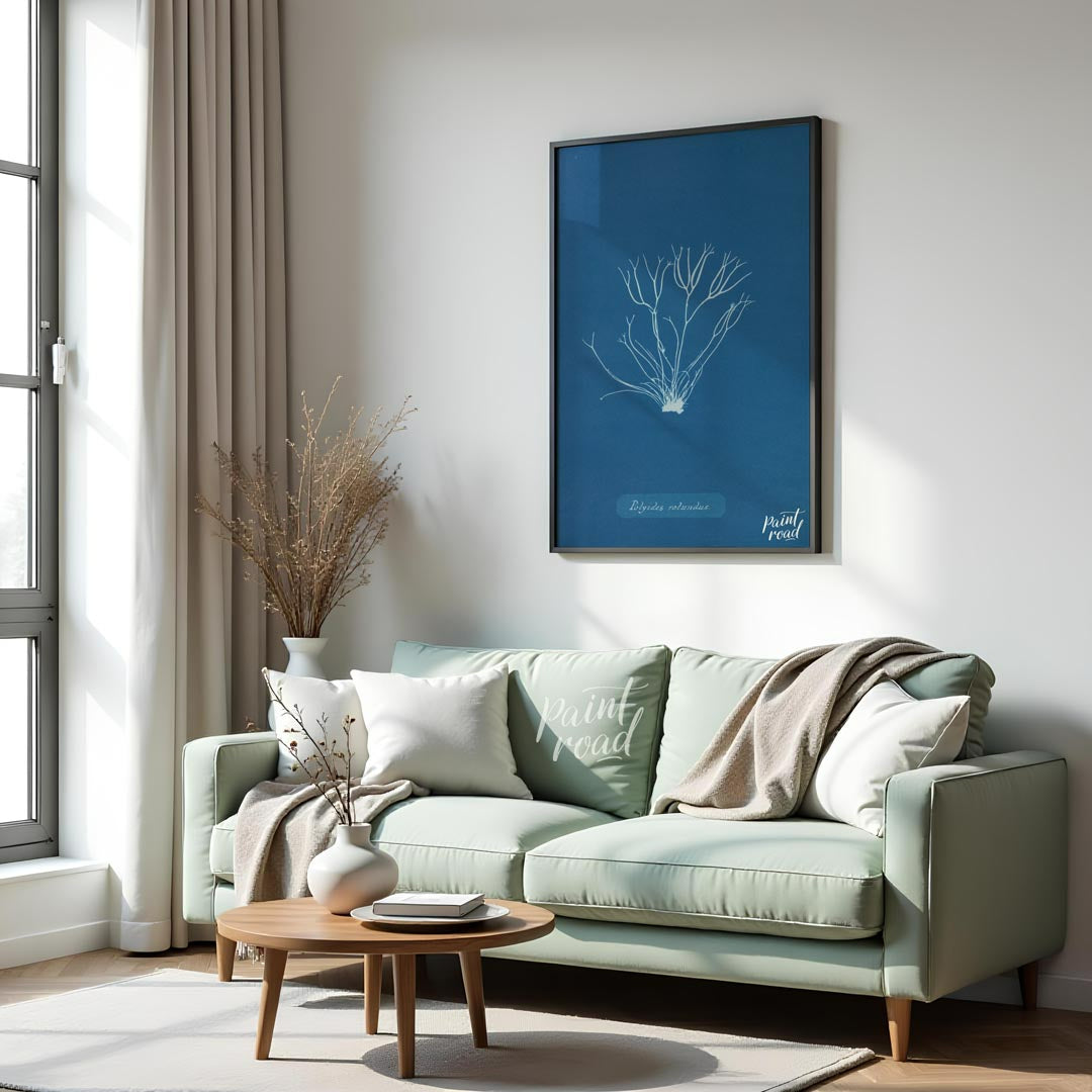 This exquisite art print is a classic cyanotype, capturing the delicate and intricate form of “Poly… for living room